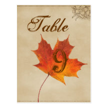 Elegant Red Maple Leaves Fall Wedding table number Post Card