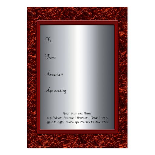 Elegant Red & Silver Christmas Gift Certificate Gi Business Card Template (back side)