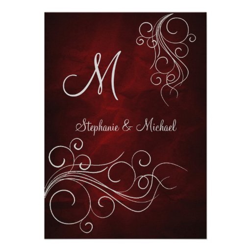 Elegant Red Silver Monogram Wedding Invitation (front side)