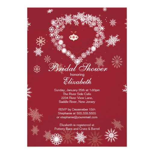 Elegant Red Snowflake Heart Winter Bridal Shower Custom Invitations