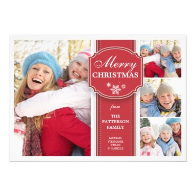 Elegant  Red & White Snow 4 Photo Greeting Card