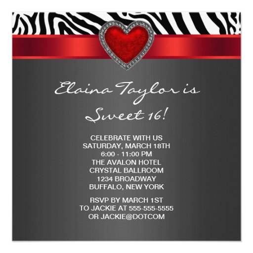 Elegant Red Zebra Sweet 16 Party Personalized Invitations