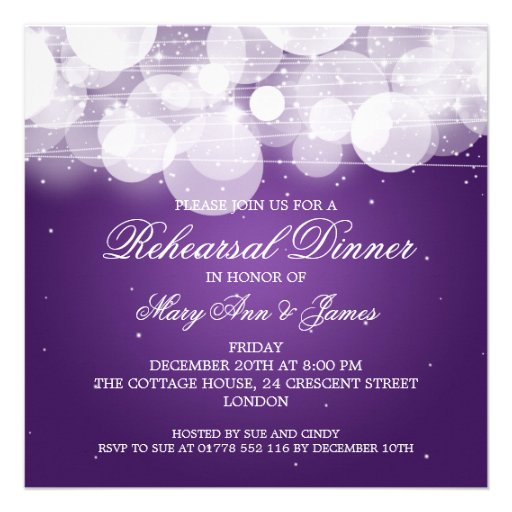 Elegant Rehearsal Dinner Glow & Sparkle Purple Personalized Invite (front side)