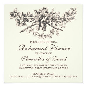 Elegant Rehearsal Dinner Vintage Floral Black 5.25x5.25 Square Paper Invitation Card