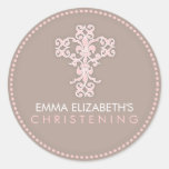 Elegant Religious Celebration Cross in Pink Round Sticker