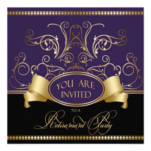 Elegant Retirement Party Invitation Purple Gold Bl (front side)