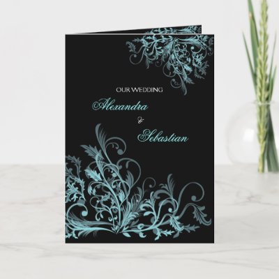 Elegant Retro Aqua Flower Swirl Wedding Invitation Greeting Card by Ruxique