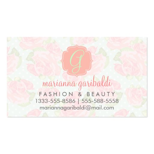 Elegant Retro Floral Pink Mint Girly Personalized Business Card Template (front side)