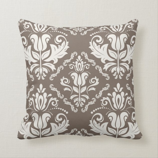 Elegant Retro Ivory Damask Brocade Brown Pattern Throw Pillows