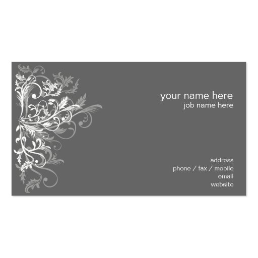 Elegant Retro White Flower Swirls Dark Grey Business Cards (back side)