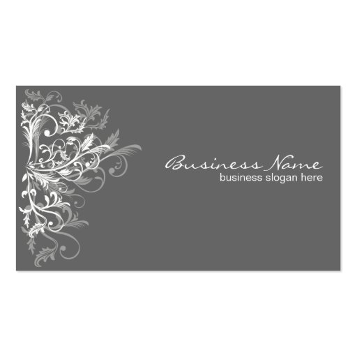 Elegant Retro White Flower Swirls Dark Grey Business Cards (front side)