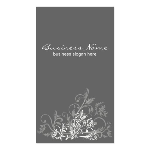 Elegant Retro White Flower Swirls Dark Grey Business Card Template