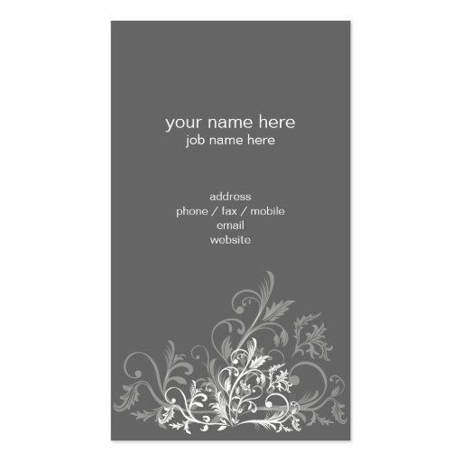 Elegant Retro White Flower Swirls Dark Grey Business Card Template (back side)