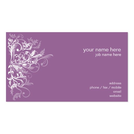 Elegant Retro White Flower Swirls Lavender Business Cards (back side)