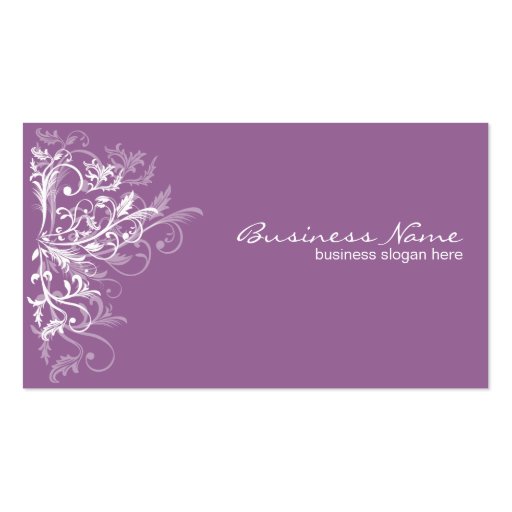Elegant Retro White Flower Swirls Lavender Business Cards (front side)
