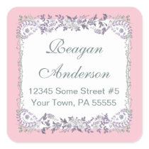Elegant Romantic Floral Address Label in Pink Square Sticker