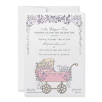 Elegant Romantic Floral Baby Girl Buggy Shower Custom Invites