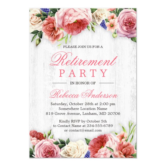 Elegant Rose Floral Rustic Wood Retirement Party Card (front side)