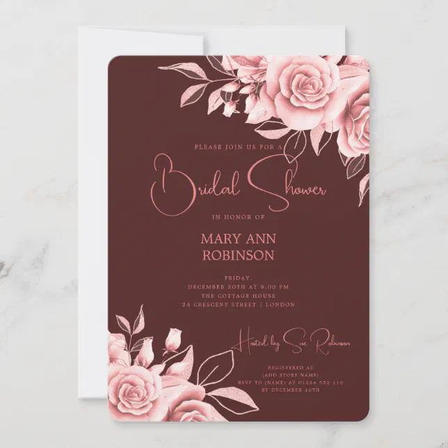 Elegant Rose Gold Floral Bridal Shower Burgundy Invitation Zazzle