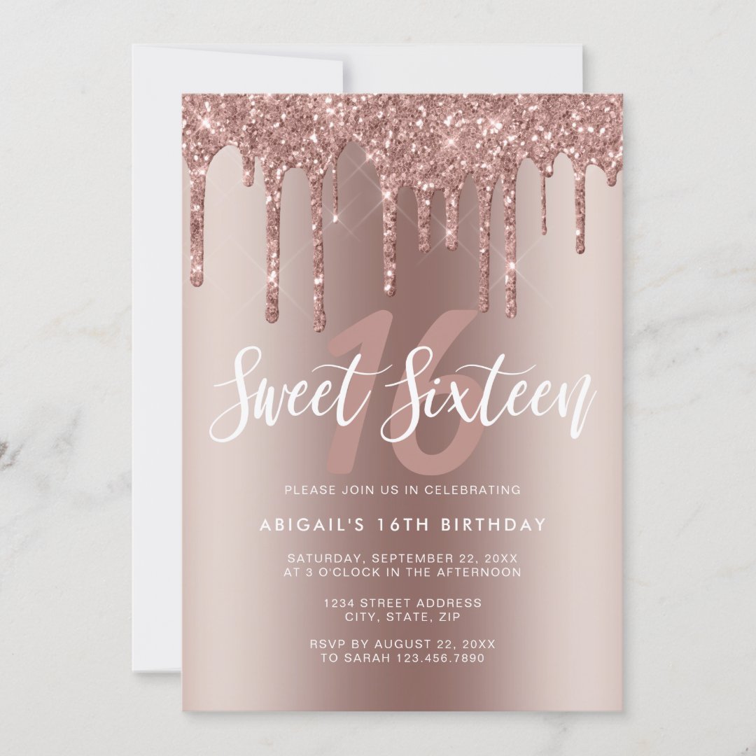 Elegant Rose Gold Glitter Drips Sweet Sixteen Invitation Zazzle