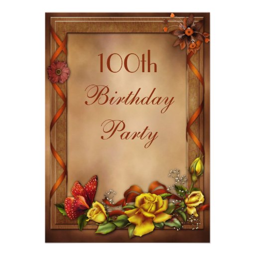 Elegant Roses & Butterfly 100th Birthday Party Personalized Invitations