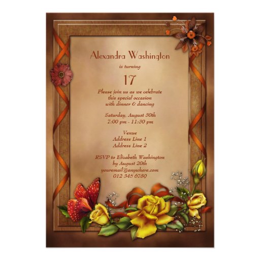Elegant Roses & Butterfly 17th Birthday Party Personalized Invitation