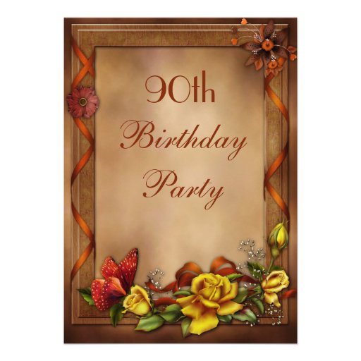 Elegant Roses & Butterfly 90th Birthday Party Personalized Invitations (front side)