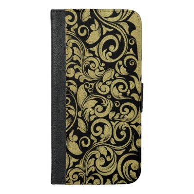 Elegant Royal Black Gold Glitter Damask Floral iPhone 6/6S Plus Wallet Case