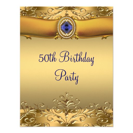 Elegant Royal Blue and Gold 50th Birthday Party Announcement (front side)