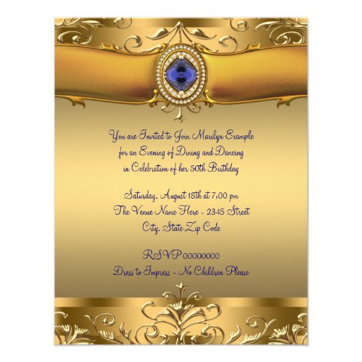 Elegant Royal Blue and Gold 50th Birthday Party Announcement