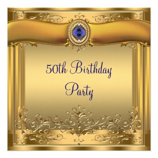 Elegant Royal Blue and Gold 50th Birthday Party Invite