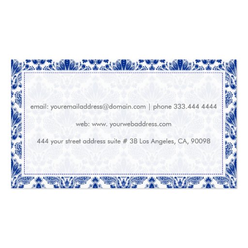 Elegant Royal Blue And White Damasks & Swirls Business Card Template (back side)