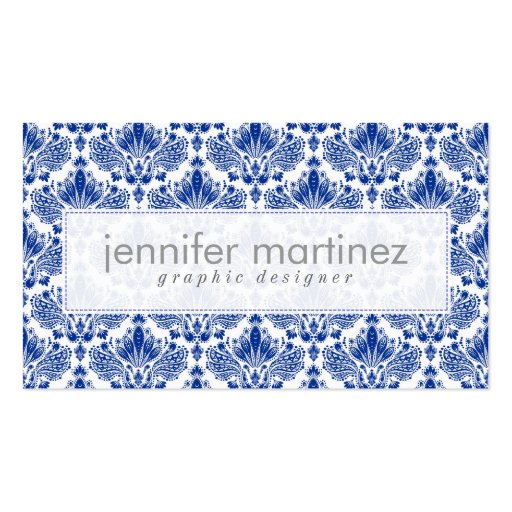 Elegant Royal Blue And White Damasks & Swirls Business Card Template (front side)