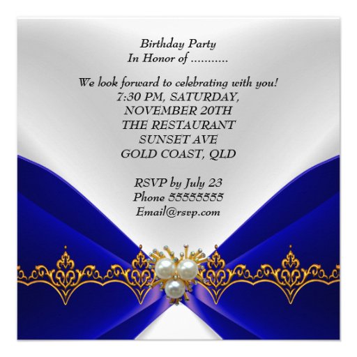 Elegant Royal Blue Birthday Gold Jewel White Silk Personalized Announcements