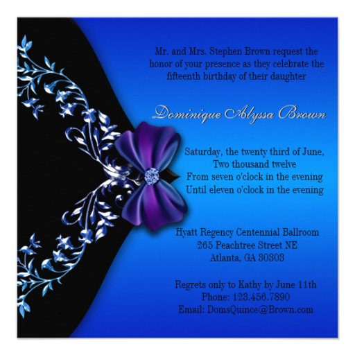 Elegant Royal Blue Diamond Bow Personalized Invite