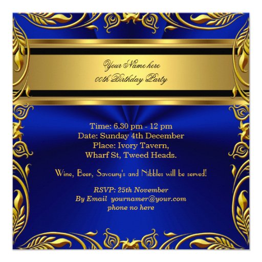 Elegant Royal Blue Gold Birthday Party Floral Custom Invites