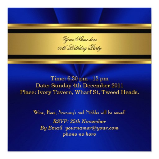 Elegant Royal blue Gold Birthday Party Mens Mans Personalized Invitation