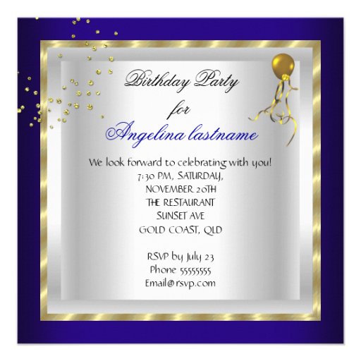 Elegant Royal Blue Gold Glitter Birthday Party Personalized Invite