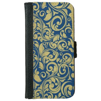 Elegant Royal Blue Gold Glitter Damask Floral iPhone 6 Wallet Case