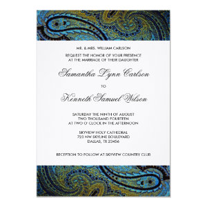 Elegant Royal Blue Peacock Paisley Wedding 5x7 Paper Invitation Card