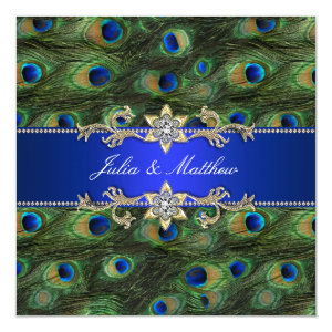 Elegant Royal Blue Peacock Wedding 5.25x5.25 Square Paper Invitation Card