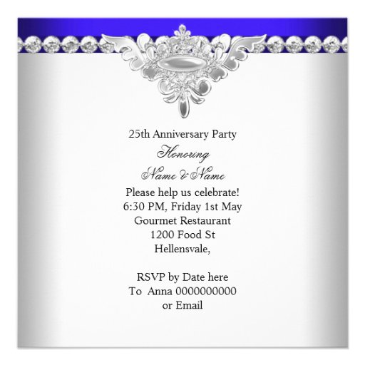 Elegant Royal Blue White 25th Wedding Anniversary Custom Invitation