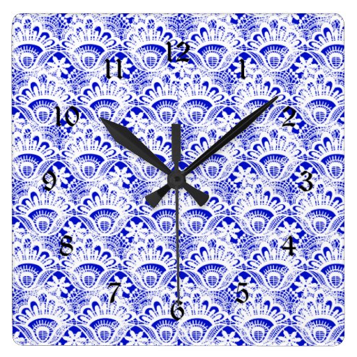 Elegant Royal Blue White Lace Damask Pattern Square Wall Clocks Zazzle