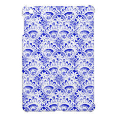 Elegant Royal Blue White Lace Damask Pattern iPad Mini Cases