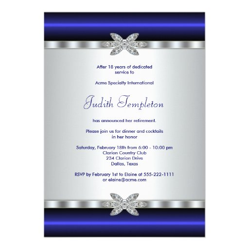 Elegant Royal Blue Womans Retirement Party Custom Invite