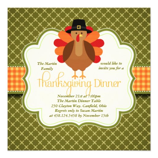 Elegant Rustic Cute Turkey Thanksgiving Dinner Invitation (front side)