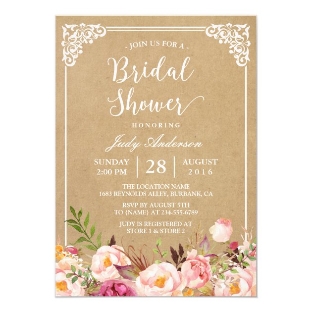 Elegant Rustic Floral Frame Kraft | Bridal Shower Card (front side)