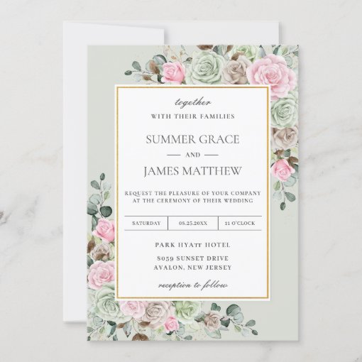 Elegant Sage Green Blush Pink Brown Floral Wedding Invitation Zazzle