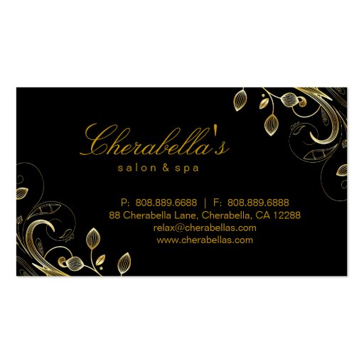 Elegant Salon Spa Floral Gold Black Business Card Template (back side)
