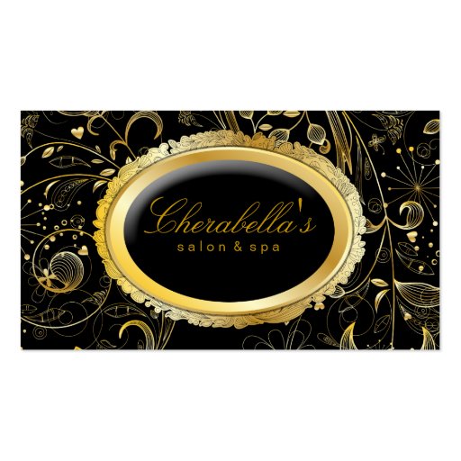Elegant Salon Spa Floral Gold Black Business Card Template (front side)